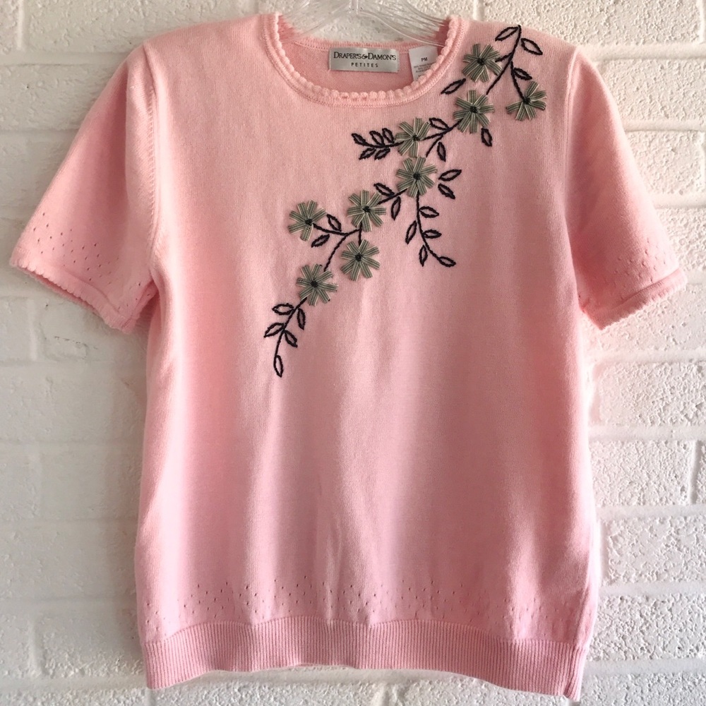 Draper’s & Damon’s Pink Sweater Knit Top Medium Vintage Short Sleeve Cottagecore - Picture 4 of 13